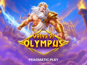 Gates of Olympus 游戏画面，拥有宙斯倍率和免费游戏功能的希腊神话主题老虎机。