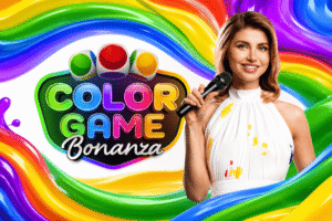 《繽紛嘉年華 Color Game Bonanza》遊戲宣傳圖，展示彩色骰子、遊戲主持人與繽紛嘉年華風格設計，主打即時遊戲秀玩法、獎勵轉盤與最高 3000 倍獎勵機會。